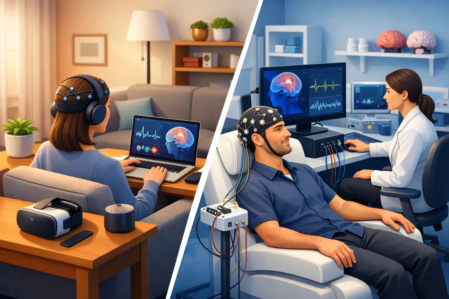 EEG cognitive training at home and at a centre