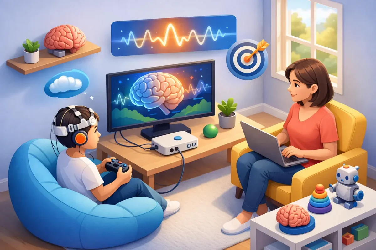 A parent and child using an EEG headband at home
